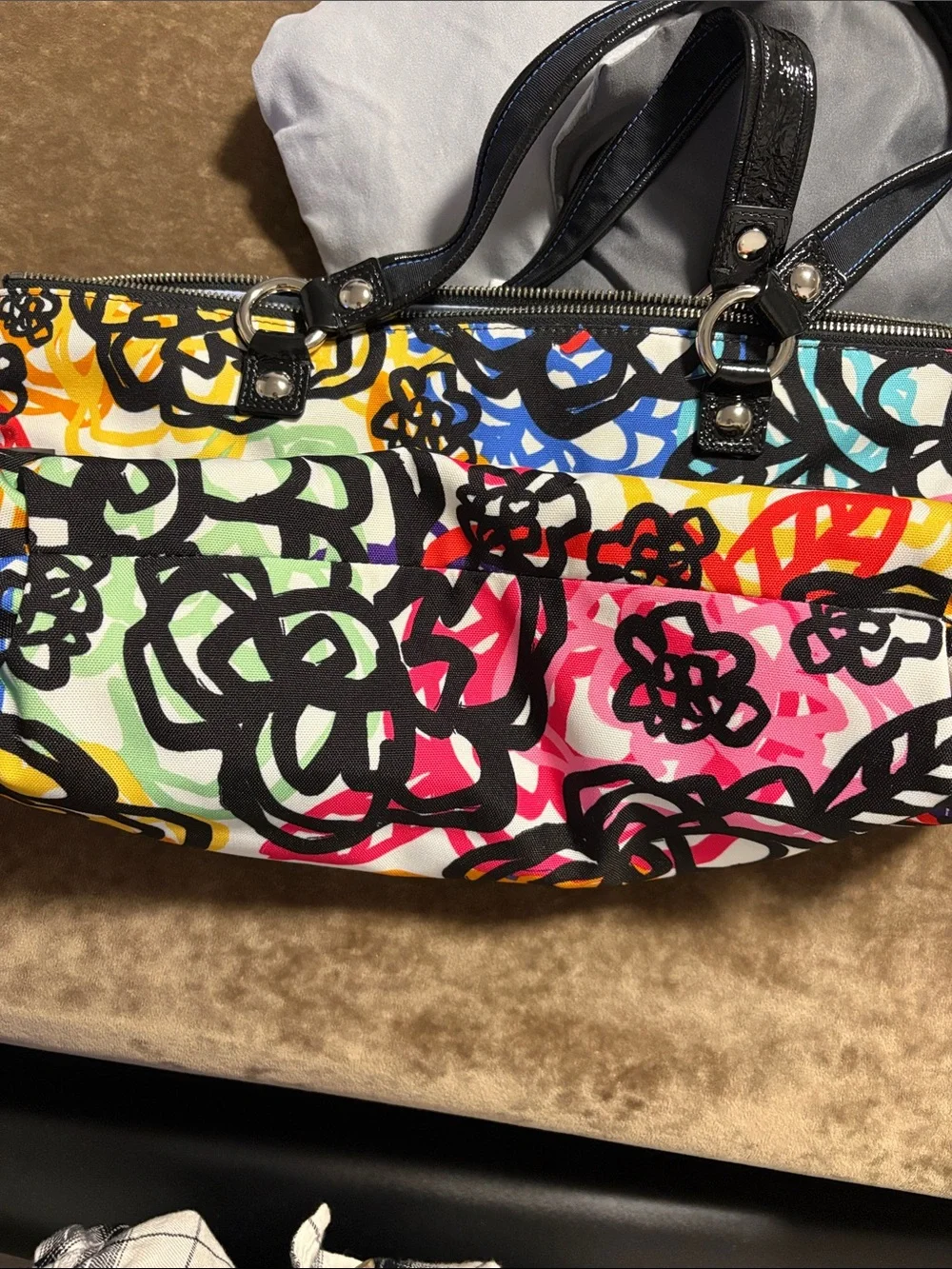 Coach women’s Multicolor Floral Canvas Bag with Black Handles - Picture 9 of 9